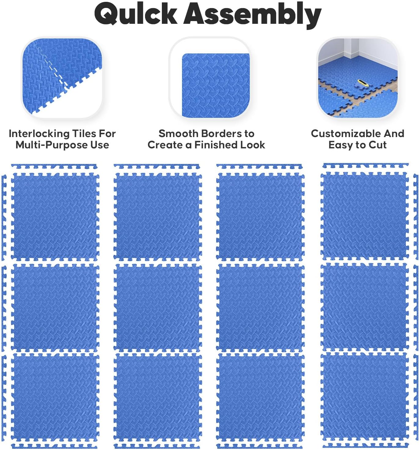 Home Gym Mat, Puzzle Exercise Mat, EVA Interlocking Foam Floor Tiles for Home Workout Equipment and Kids' Play Areas - Blue, 24 in x 24 in x ½ in - 24 Tiles (Blue, 24 Pack 96 sq ft)