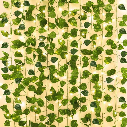 CEWOR 14 Pack 98ft Fake Ivy Vines, Artificial Ivy Garland with 100 LED String Lights, Hanging Plants Greenery Backdrop Gre...