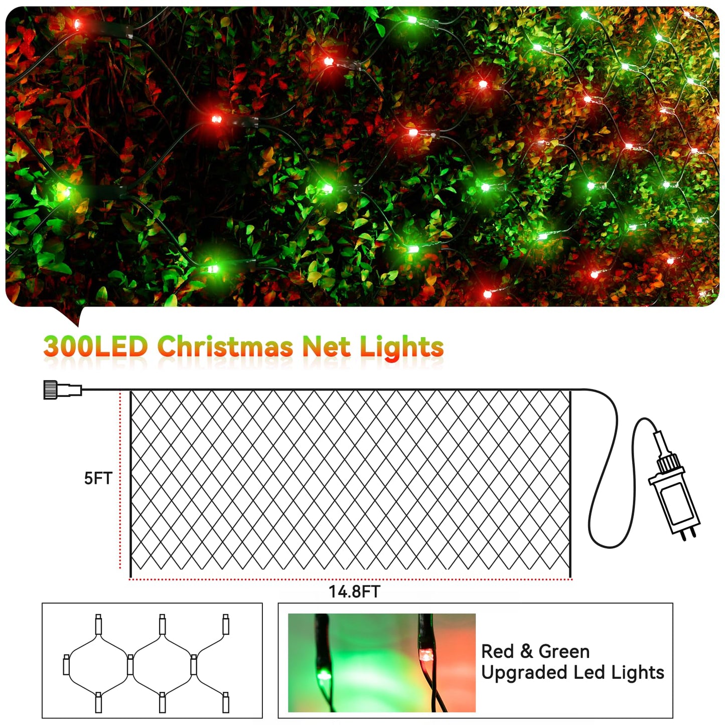 Lithome 14.8Ft X 5Ft Christmas Net Lights Outdoor  300 Led Red Green Bush Lights With 8 Modes  Connectable Waterproof Net Mesh Light Dark Green Wire For Bushes Shrubs Outdoor Christmas Holiday Decor
