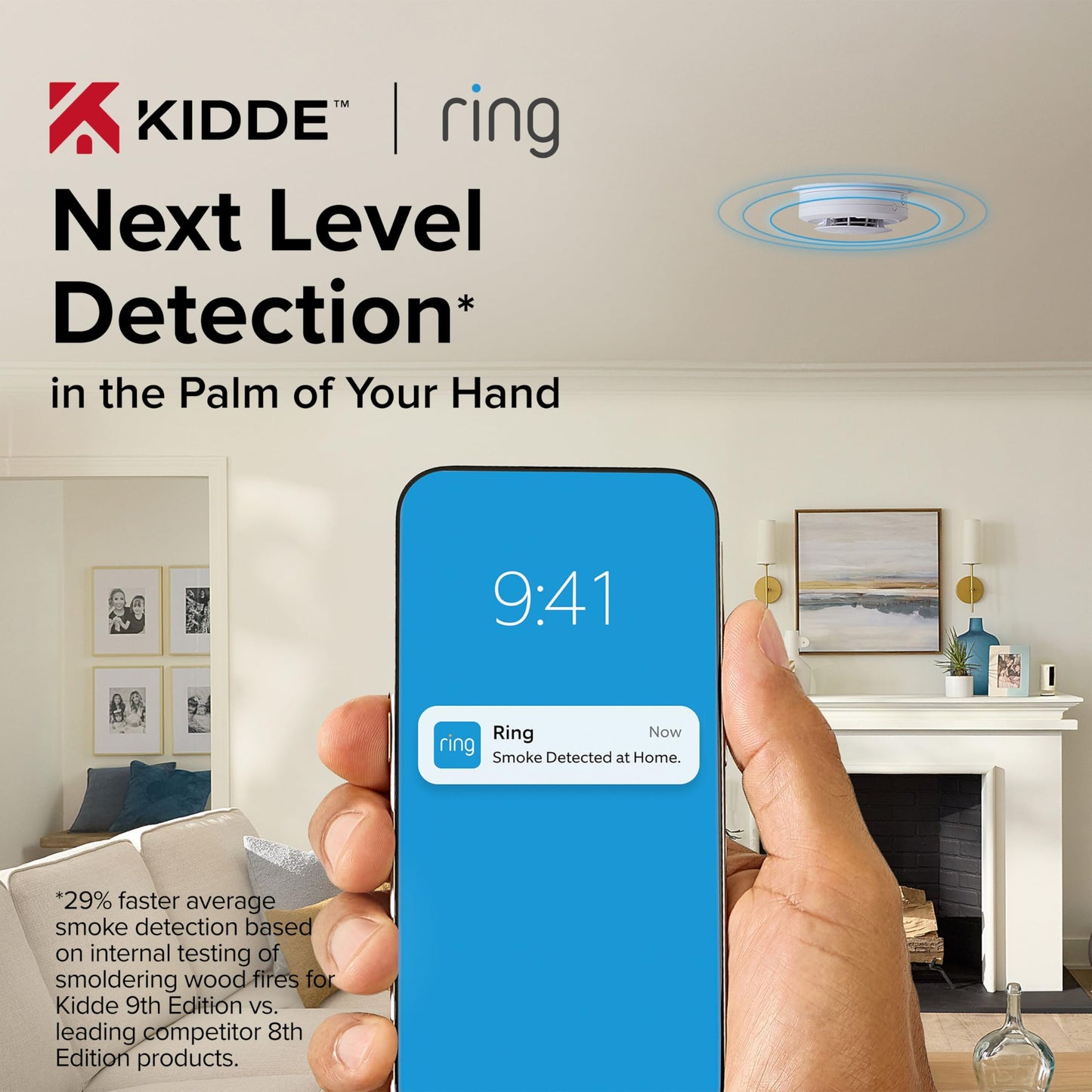 Kidde Smart Smoke Detector, Ring App Enabled for Real-Time Notifications, Hardwired Alarm, AA Backup Battery