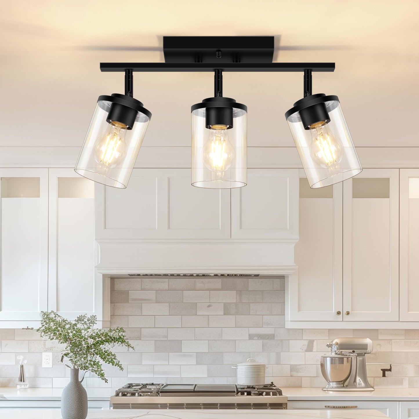 Fadimikoo 3-Lights Semi Flush Mount Ceiling Light  Adjustable Kitchen Light Fixtures Ceiling Mount With Clear Glass Shades  Rotatable Black Track Lighting Fixtures For Hallway  Foyer  Bedroom