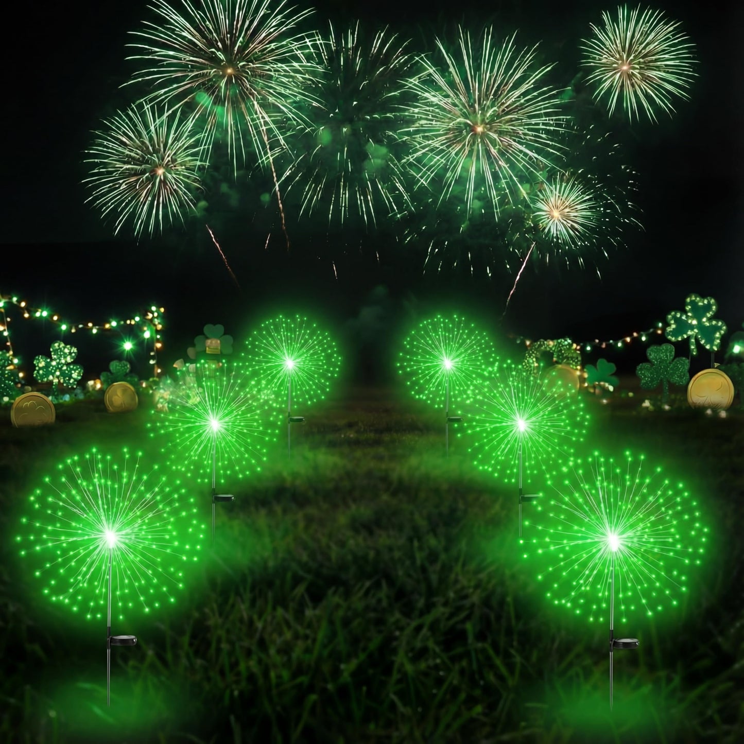 Tujoe 4 Pcs St Patricks Day Solar Lights Solar Firework Lights Decoration 180 LED 8 Modes Waterproof LED Stake Sparkler Decor for Irish Walkway Pathway Driveway Garden Patio Yard Lawn(Green)