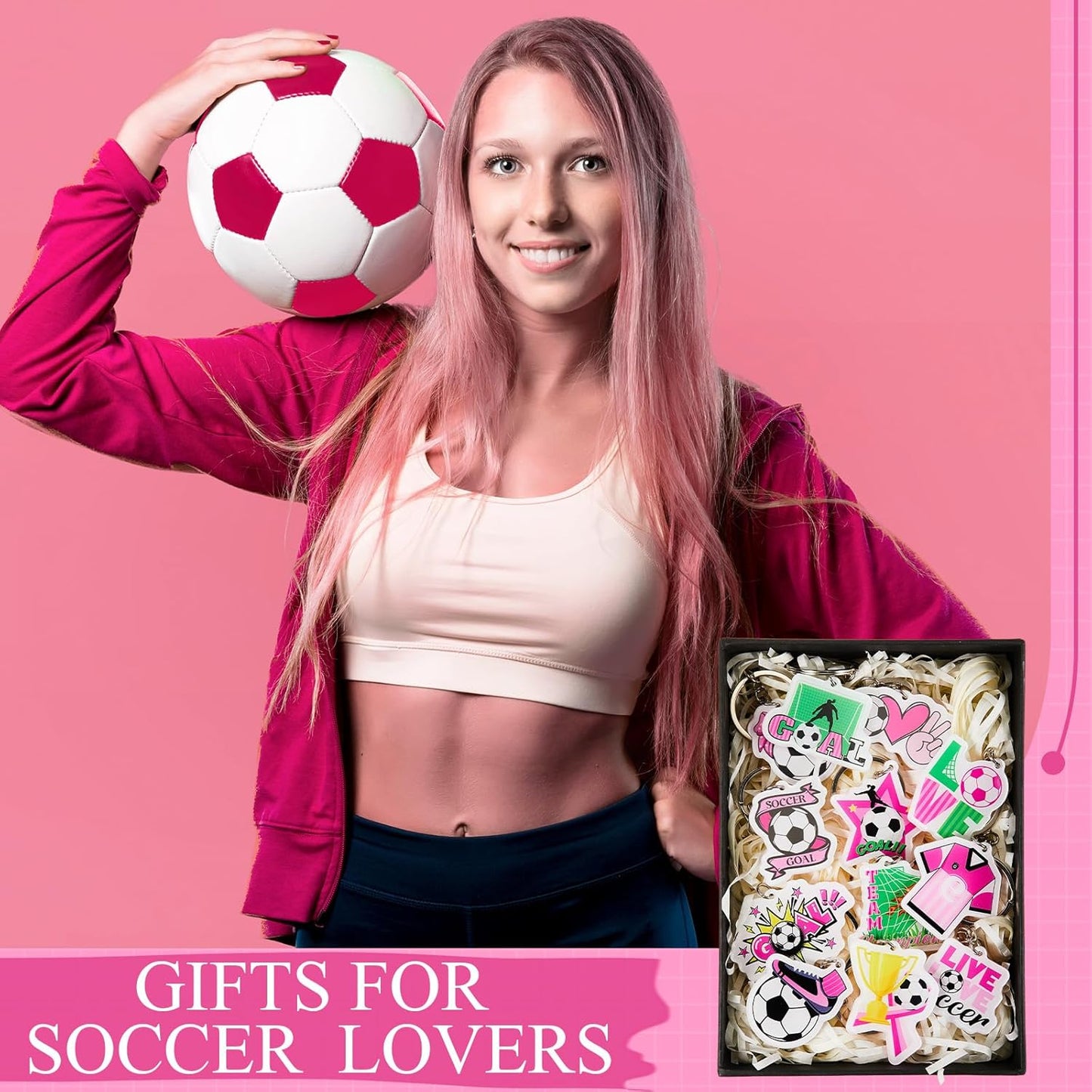 Batiyeer 36 Pack Pink Soccer Ball Keychains Bulk Party Favors Sports Ball Key Chains Funny Keyring Gifts for Birthday Supplies
