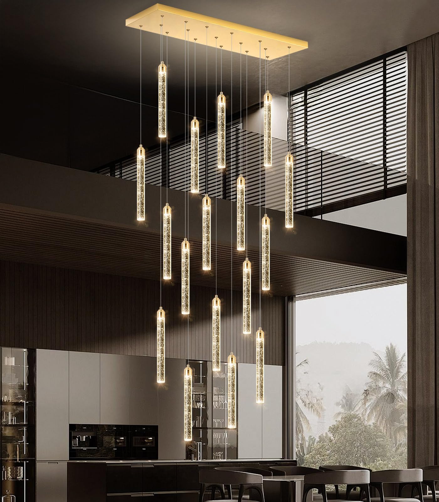 Rectangular Chandeliers 17-Lights Long Light For Entryway Led Dimmable Chandeliers Lighting Fixture Flat Sloped High Ceiling Pendant Lights Crystal For Living Room Foyer Hallway Staircase Gold