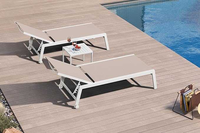 PURPLE LEAF Outdoor Chaise Lounge Adjustable Sunbathing Recliner with Side Table Khaki 2 Sets