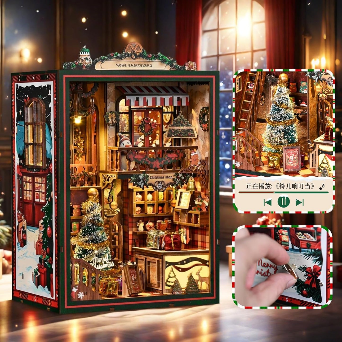 Book Nook Kit - DIY Miniature Dolls House Kit with Furniture and LED Light, 3D Puzzle Wooden Art Bookends, Model Kits for for Adults and Teens (Christmas Shop)