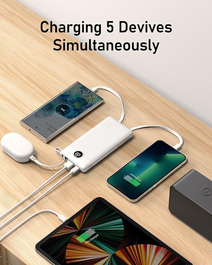 VEEKTOMX Portable Charger with Built-in Cables - 10000mAh Power Bank for iPhone - Slim Fast Charge USB C Battery Pack - Small Travel Essentials Powerbank, Compatible with iPhone, Samsung, Android, etc