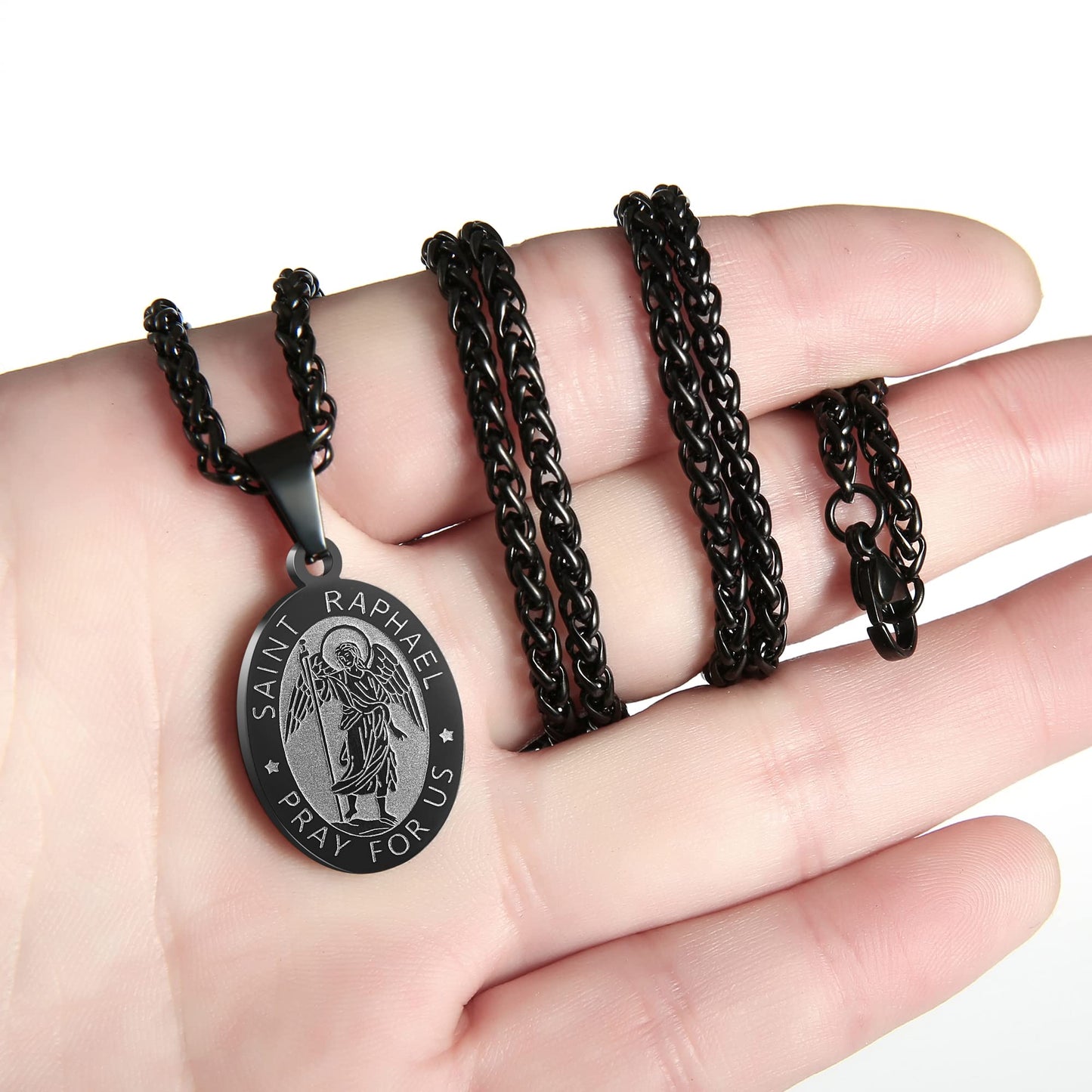 P. BLAKE Black St.Raphael Pendant Necklace for Men Stainless Steel Catholic Saint Raphael Archangel Medal with Chain 24 Inches