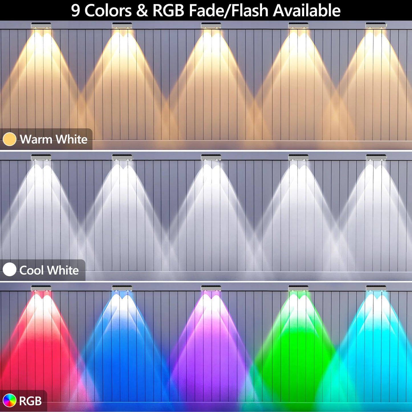 Brizled Solar Fence Lights, 11 Modes & 9 Colors, 100 Lumens, IP65 Waterproof, 8 Pack, RGBCW - White