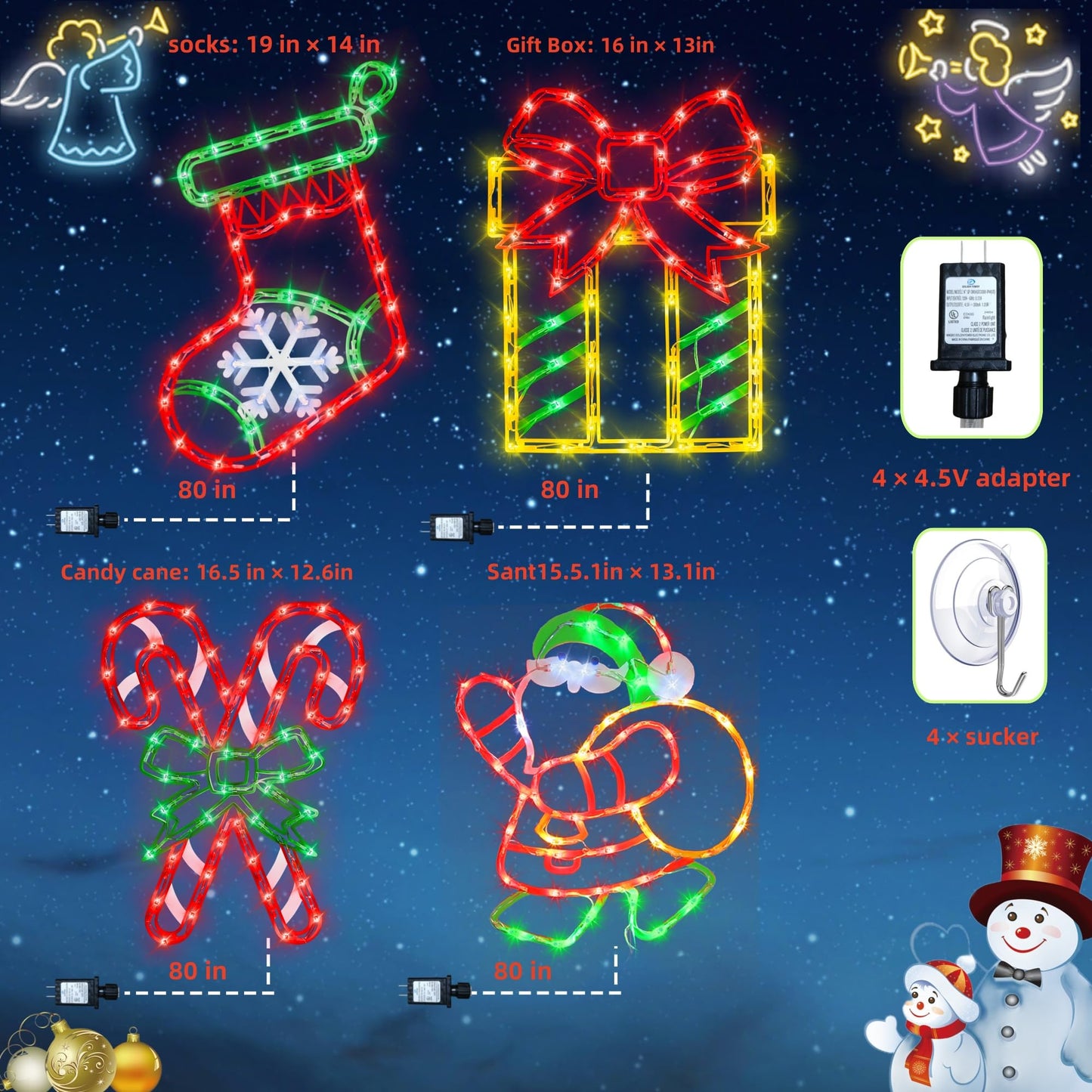 Trwymz 16 Christmas Window Silhouette Lights - 4 Pack Colour Lighted Christmas Stocking & Candy Cane & Gift Box & Santa For Holiday Indoor And Outdoor Wall Door Window Decorate