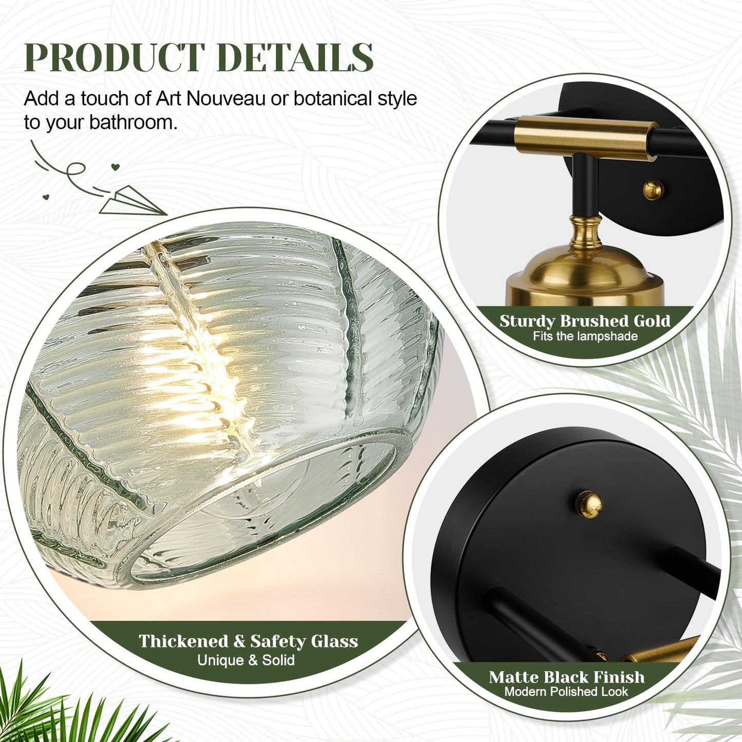 MOKATNG Bathroom Light Fixtures, 2-Light Green Vanity Lights with Unique Leaf Texture Glass Shade, Modern Matte Black and Gold Bathroom Wall Lamp for Mirror Hallway Cabinet Living Room