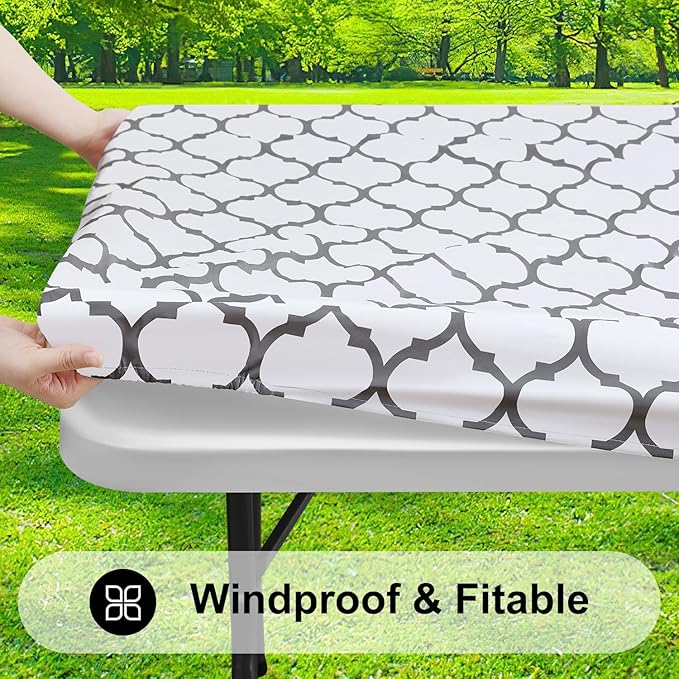 Smiry Rectangle Picnic Table Cover, Waterproof Elastic Fitted Camping Tablecloths for 4 Foot Tables, Wipeable Flannel Backed Vinyl Tablecloth Protector for Indoor, Outdoor (White, 24x48 Inches)