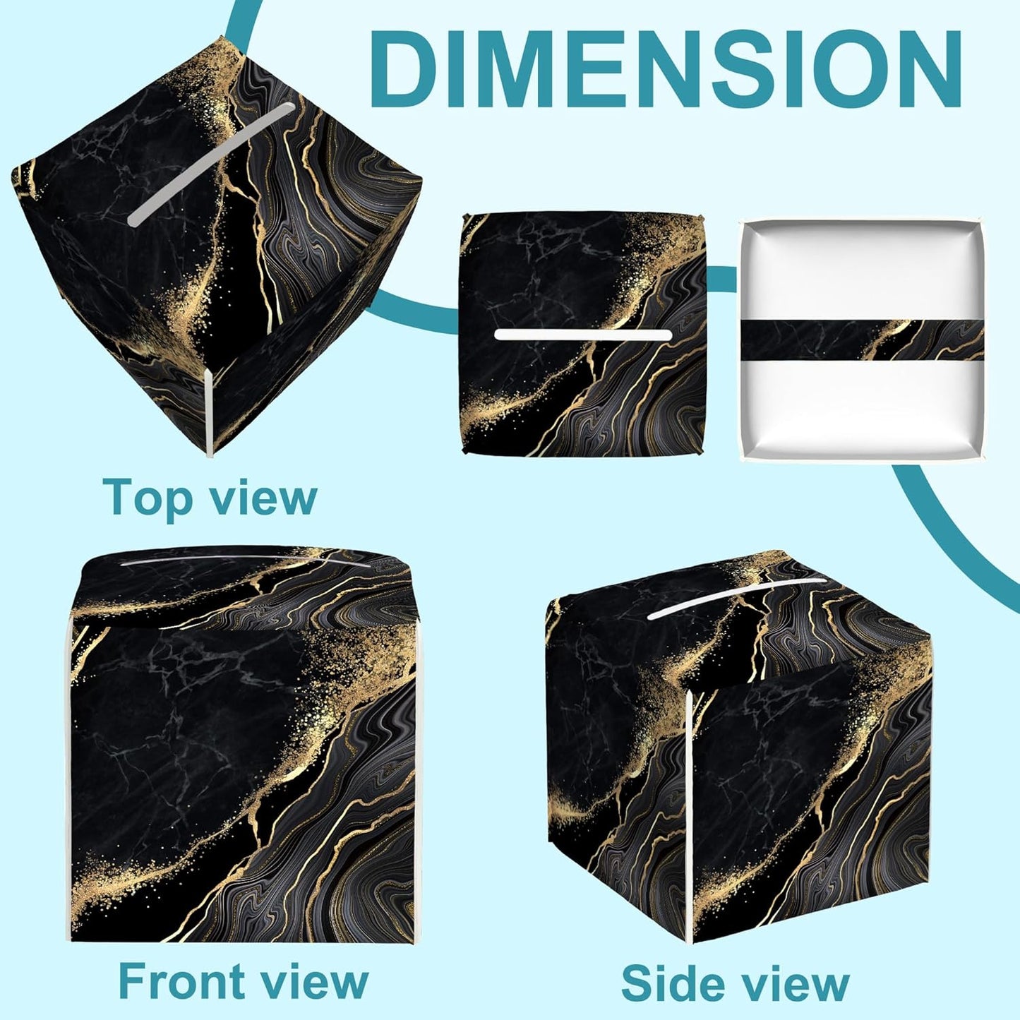 Black Golden Marble Tissue Box Cover Square,Leather Tissue Holder with Bottom Belt,Waterproof Facial Paper Organizer Tissue Box Cover for Home Office Bathroom Vanity Countertop,5.2" x 5.2" x 5.2"
