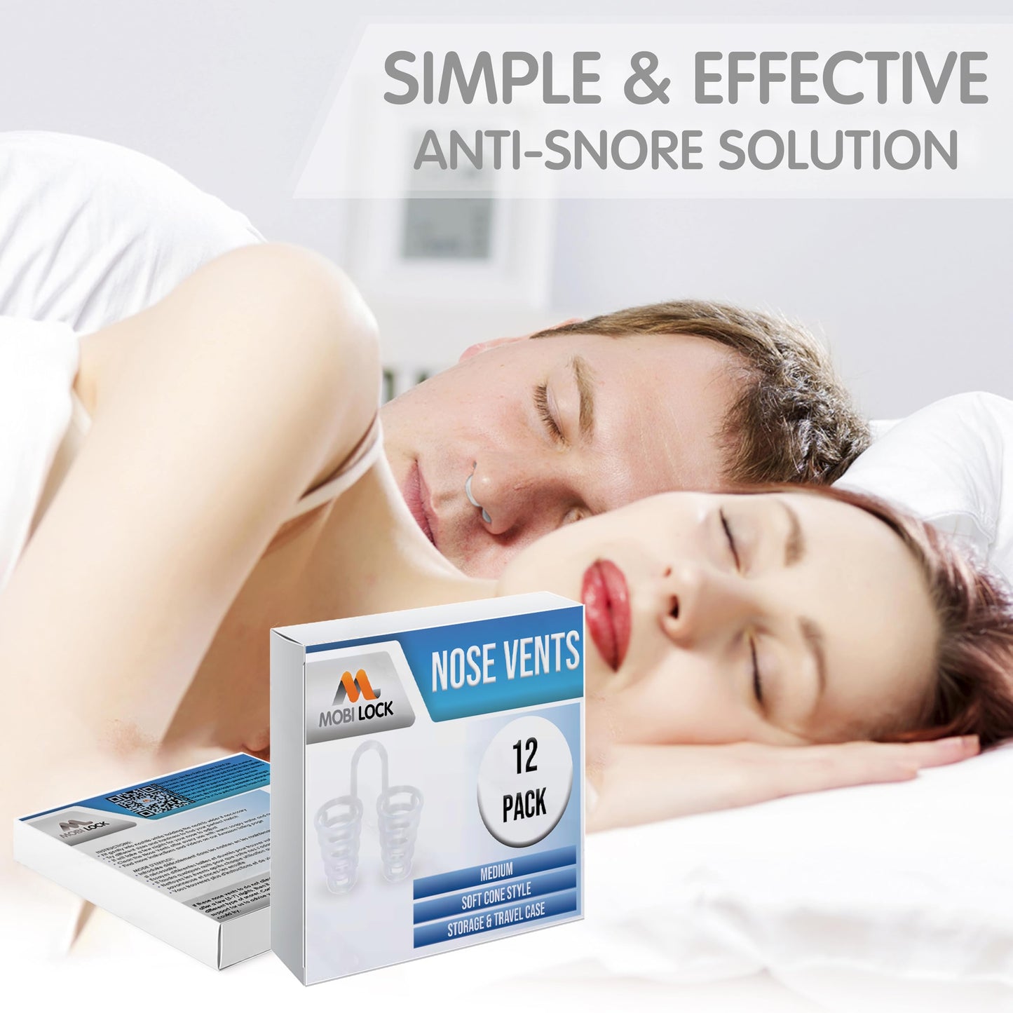 Nose Vent Sinus Relief (Pack of 12 Medium Size) Soft Cone Vents - A Simple Solution for Nasal Snorers - Reusable Snoring Device to Enjoy a Peaceful Night's Sleep - by Mobi Lock