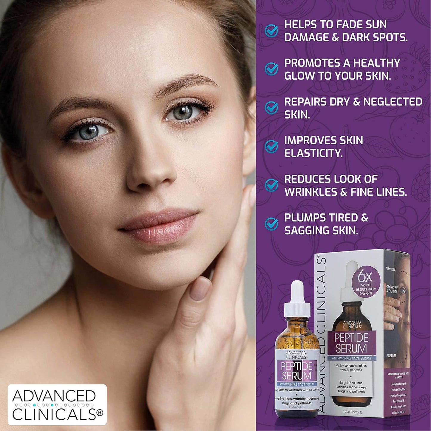 Advanced Clinicals Peptide Facial Serum Moisturizer Skin Care Oil For Face, Wrinkles, Fine Lines, & Puffiness. 6X Peptide Concentrate W/Collagen Plumps, Lifts, & Evens Skin Tone, 1.75 Fl Oz (2-Pack)