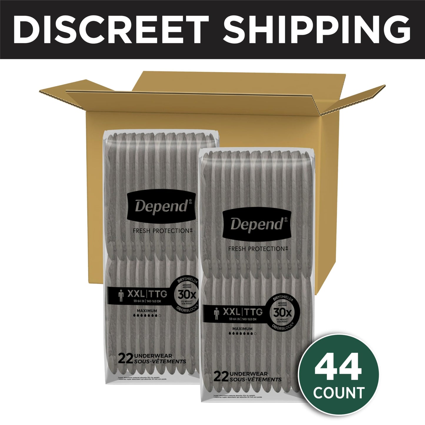 Depend Fresh Protection Adult Diapers, Incontinence Underwear for Men, Disposable, Maximum, Extra-Extra-Large, Grey, 44 Count (2 Packs of 22), Packaging May Vary