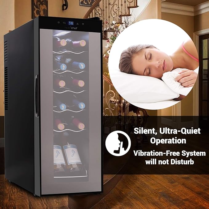 Nutrichef 12 Bottle Stainless Steel Slim Wine Fridge | Red & White Wine Chiller | Adjustable Temperature Control, Ultra Quiet Operation & Energy Efficient | Mini Wine Cooler Refrigerator 31x10x17 IN