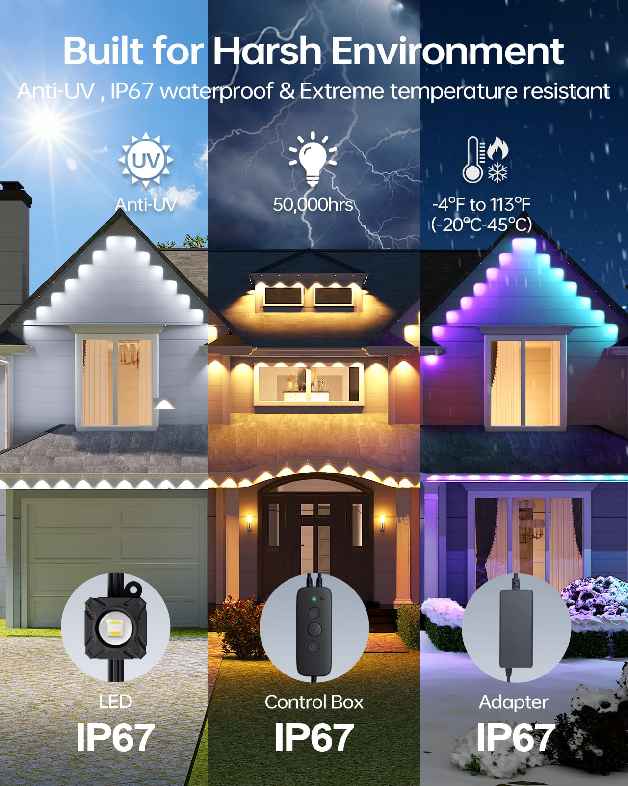 Asahom Permanent Outdoor Lights Pro S108D  200Ft With 144 Rgbcw Leds  Wled Integration  Ai Lighting  30000 Lighting Effect Combination  Ip67 Waterproof For Christmas New Year Daily Decor  Black