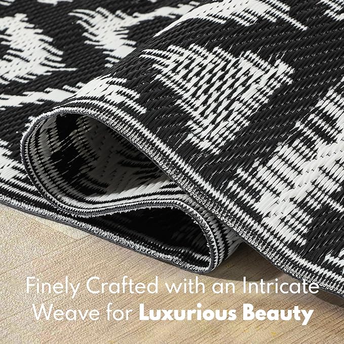 Waterproof Outdoor Rug 9x12 ft, Reversible Plastic Straw Rug, Easy to Clean Patio Rug, Portable Carpet for Patio, RV, Deck, Balcony, Backyard, Picnic, Beach, Geometric Diamond, Gray