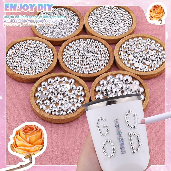 13500Pcs Flatback Pearls for Bedazzling (Silver) with 3Pcs B7000 Jewelry Glue, Assorted Size 2/3/4/5/6/8/10mm Half Pearl, Bedazzling Gems for Crafting Clothing Tumbler Shoes Embellishment Nail Art