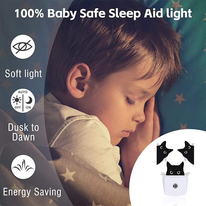 Funny Black Cats Night Light, Cute Kittens Dusk to Dawn Night Light Plug in,0.5w Energy Saving Sleep Friendly NightLight for Kids Boys Girls Home Bedroom Living Room Decor