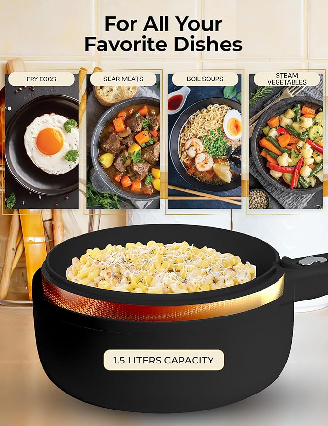 PRO Electric Hot Pot with Lid and Steamer, 1.5L Non Toxic Ceramic Cooker Skillet for Ramen, Eggs, Pasta Portable and Compact for Dorms, Camping, RVs, Work, Adjustable Temperature