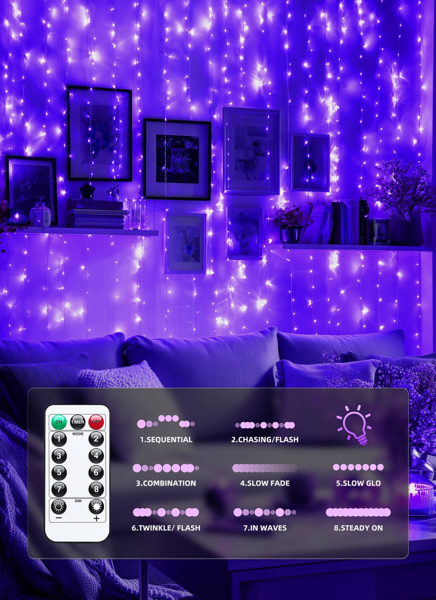 Brightown 300 Led Purple Halloween Fairy Curtain Lights  9.8Ft X 9.8Ft Curtain String Lights  Usb Plug In 8 Lighting Modes Led Christmas String Hanging Lights With Remote For Bedroom Indoor Weddings
