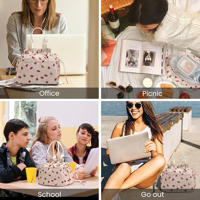 MEXS Lunch Bag for Women Reusable Drawstring Insulated Lunch Box Stain-Resistant Large Cinch Closure Lunch Bags for Work Office
