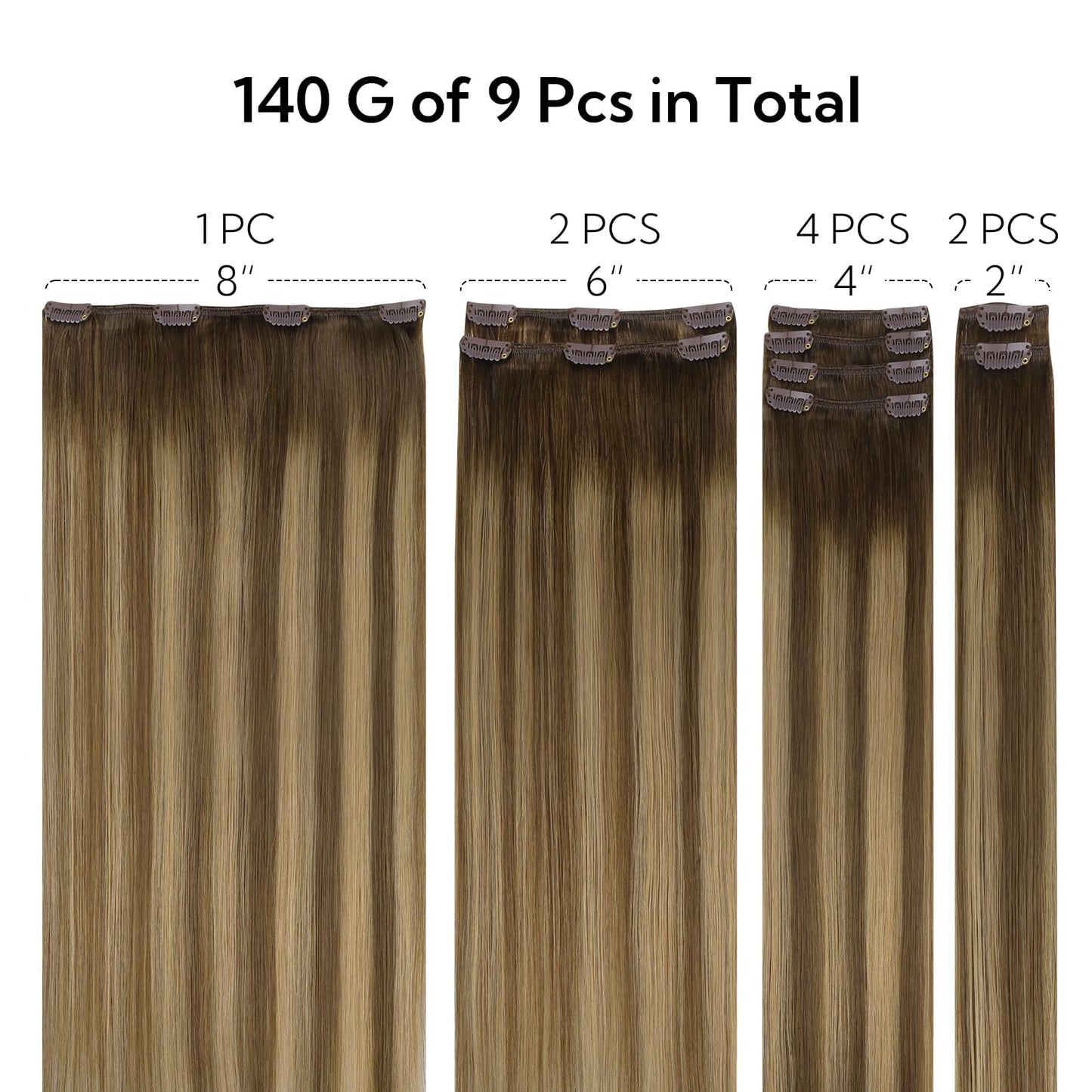 HOTBANANA Clip in Hair Extensions Real Human Hair, 135g 9pcs 16 inch Chocolate Brown with Honey Blonde Straight Remy Clip in Ext