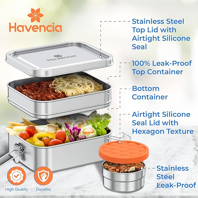Stackable Stainless Steel Bento Box With Snack Container, 47oz/1400ml, Lunch Box for Kids & Adults, Bento Lunch Box With Compartments, Eco-Friendly Metal Container for School, Work, & Travel