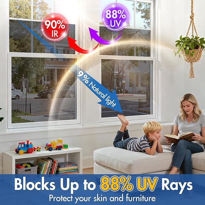 Coavas One Way Privacy Window Film,Daytime Window Tint for Home, Reflective Mirror Glass Window Film See Out Not in,Heat UV Blocking Anti-Glare Window Covers with 3 Tools, 17.5 x 157.5 Inch, Black