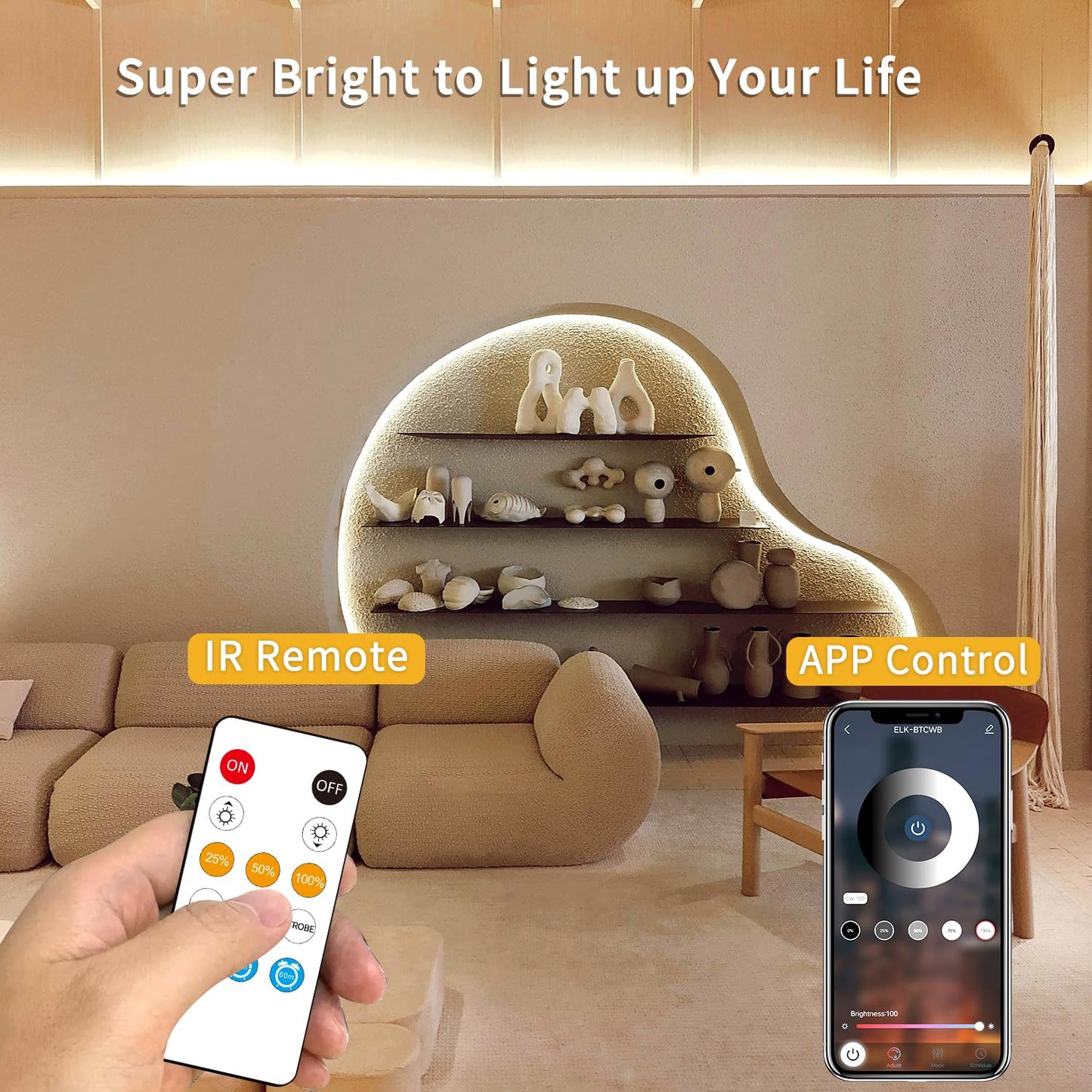 Yeewhale COB LED Strip Lights, 100ft, 3000K Warm White, Dimmable, Flexible, DC 24V, with Remote and App Control, Model Yeewhale-