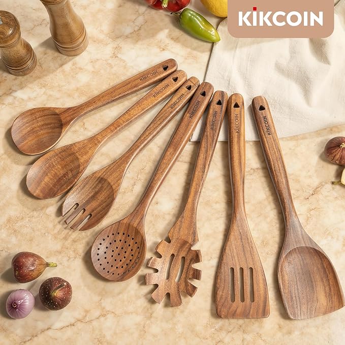 Kikcoin Wood Kitchen Utensils Set, 7 PCS Solid Teak Wooden Spoons for Cooking with Long Handle Heat-Resistant Wooden Cooking Utensils Set for Non-stick Cookware Including Hanging Hole