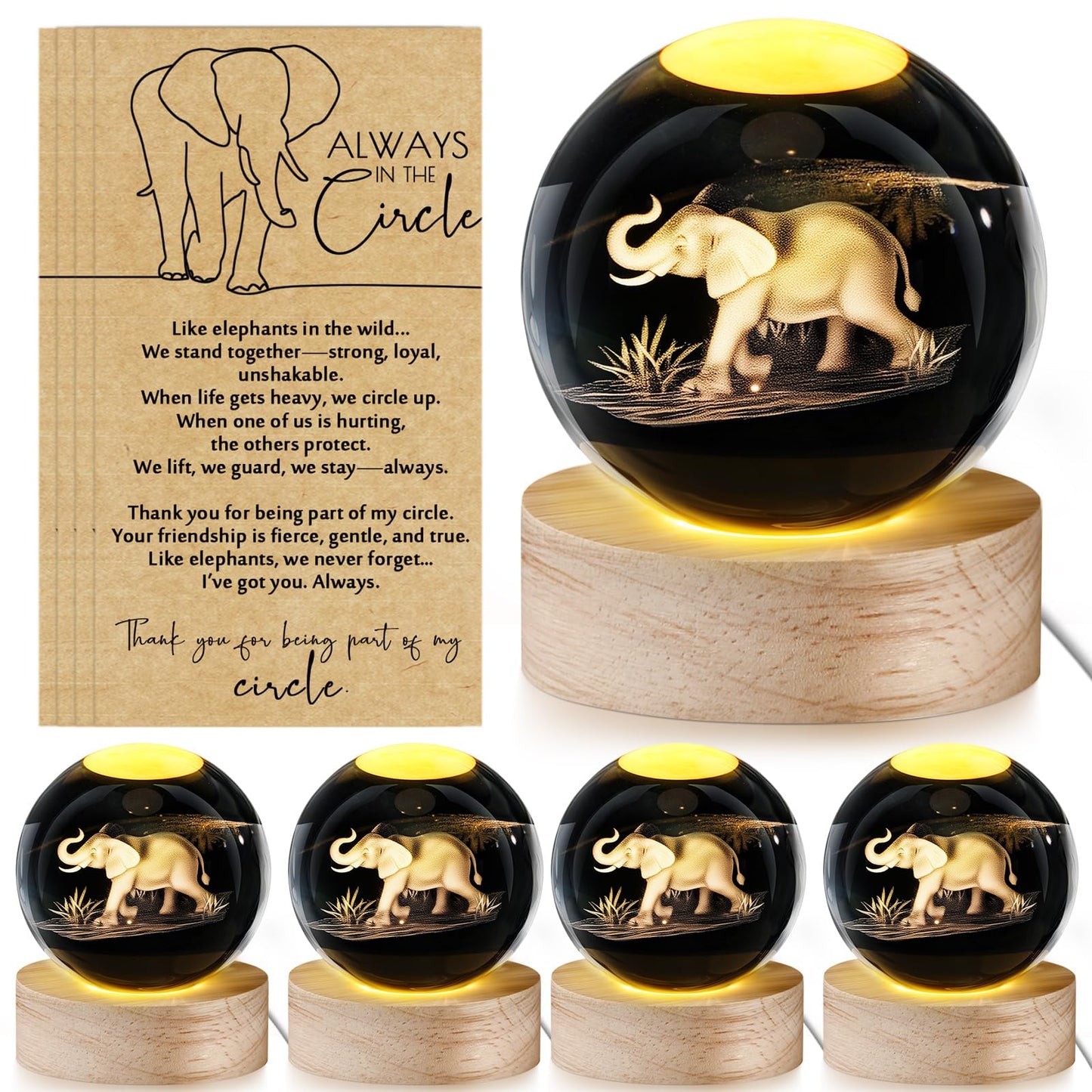 Jetec 4 Sets Thanksgiving Elephant Crystal Ball Night Lamp 3D Elephant Friendsgiving Gift  Light With Wood Base Friendship Card Best Friend Decor Gift For Long Distance Bff Women Christmas Birthday