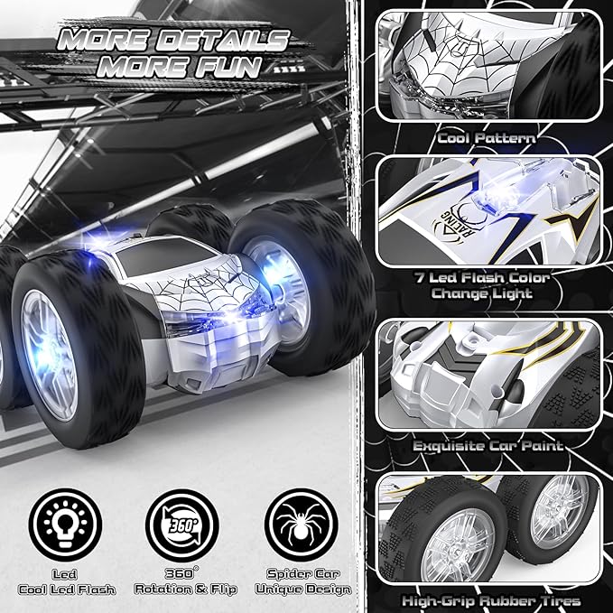 Remote Control Car for Kids, RC Stunt Cars Toys for Boys Ages 4-7 with Cool Double-Sided Pattern and LED Flash, 1:24 Vehicle Toy Car Hobby Racing Car Toys Gift for 3 4 5 6 7 8 9 Year Old Boys