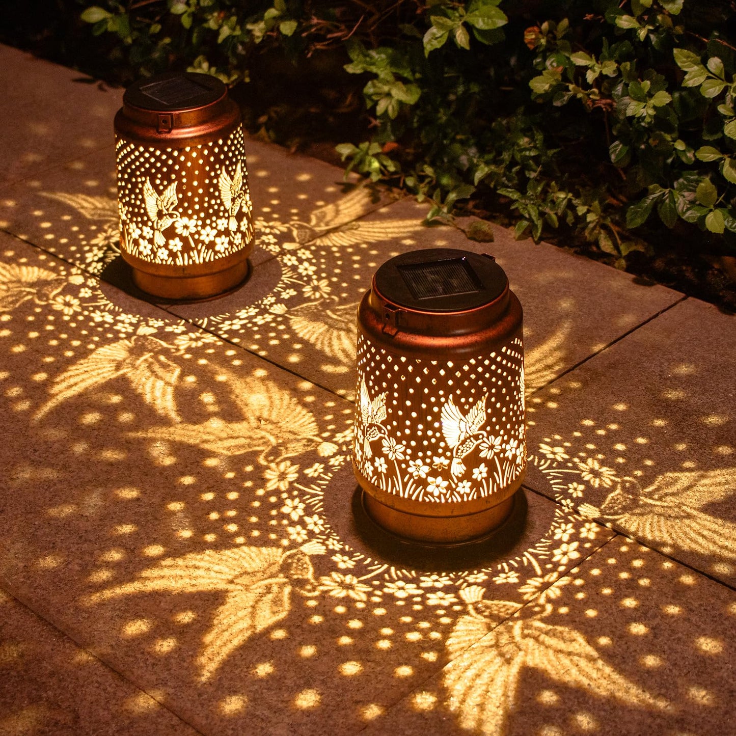 DIBIEECN Hummingbird Solar Lantern Lights - 2 Pack, Waterproof Metal Decor, LED, Bronze, Model MD-DOUBLE-02