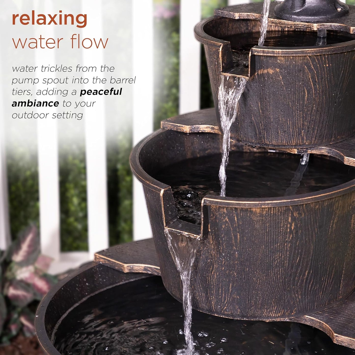 Alpine Corporation TEC234BR Outdoor Floor Tiered Rustic Pump and Barrel Water Fountain, Old-Fashioned Waterfall, 40", Brown