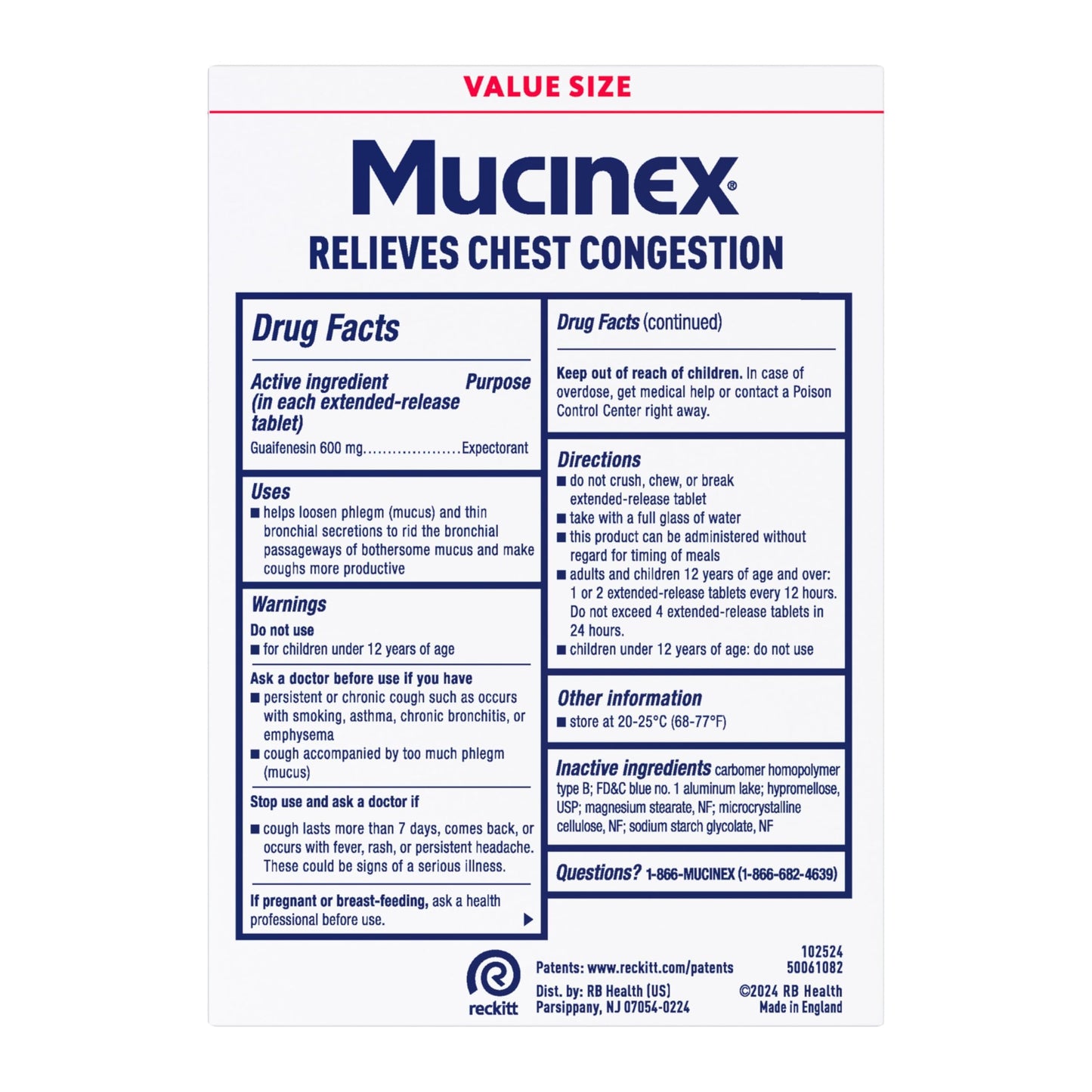Mucinex 12 Hour 600 mg Guaifenesin Extended-Release Tablets for Excess Mucus Relief, Expectorant Aids Excess Mucus Removal, Chest Congestion Relief, 100 Bi-Layer Tablets