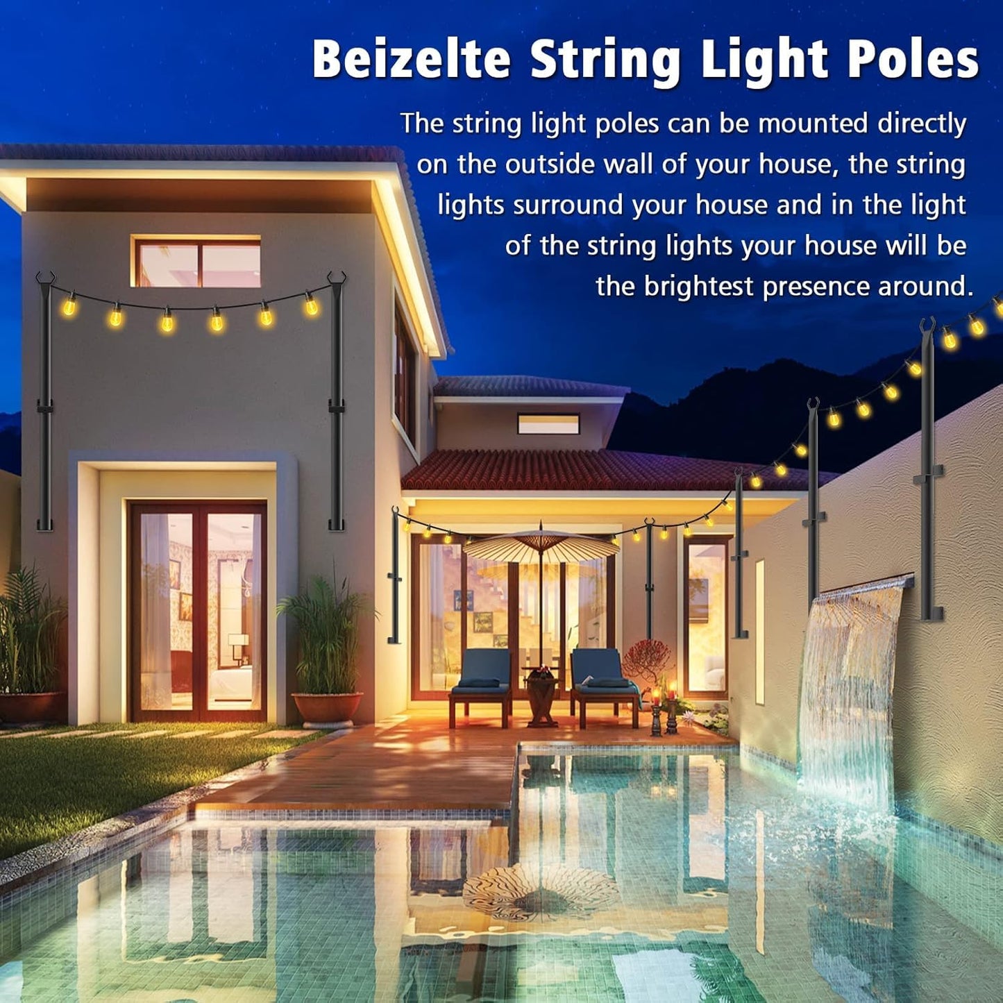 Beizelte 5FT String Light Poles, Metal Outdoor Lighting Stand, 10 Pack, Black, Model SLP-Beizelte