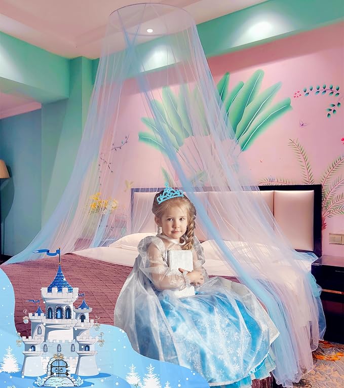 Eimilaly Two-Tone Bed Canopy Mosquito Net White Blue with Warm Lights, Bed Canopy for Girls Room Decor, Single Door