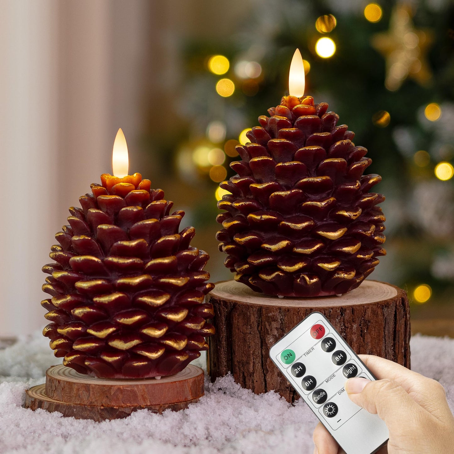 AFINETH Christmas Flameless Pinecone Candles with Remote, Real Wax Battery Operated Pine Cone Candles, 2 Pack Flickering Led Candle Christmas Decorations for Winter Home Holiday Xmas Gift, Brown