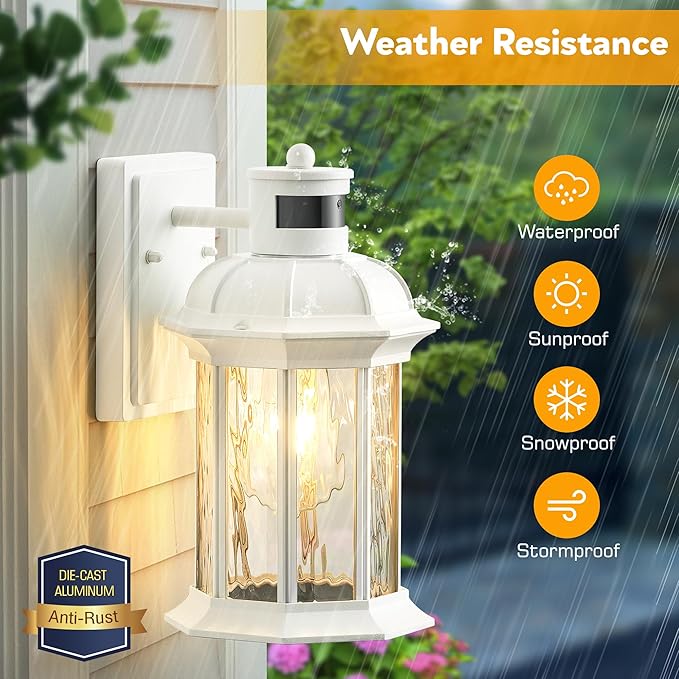 VIANIS 2-Pack Motion Sensor Outdoor Lights for House, White Garage Light Wall Mount Lantern, Modern Exterior LED Wall Lights Fixtures with Ripple Tempered Glass, Outside Wall Sconce Lamp for Porch