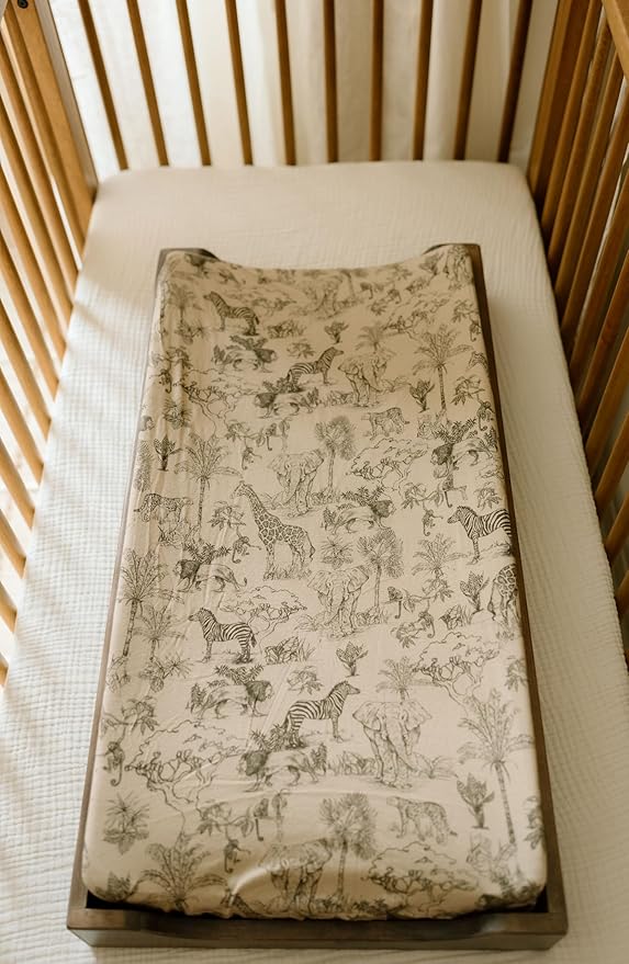 Oilo Changing Pad Cover, Breathable 100% Organic Cotton Fitted Jersey, 300 Thread Count, Machine Wash, Fits Standard Changing Pads (32" x 16"), Heirloom Organic Collection, Vintage Safari