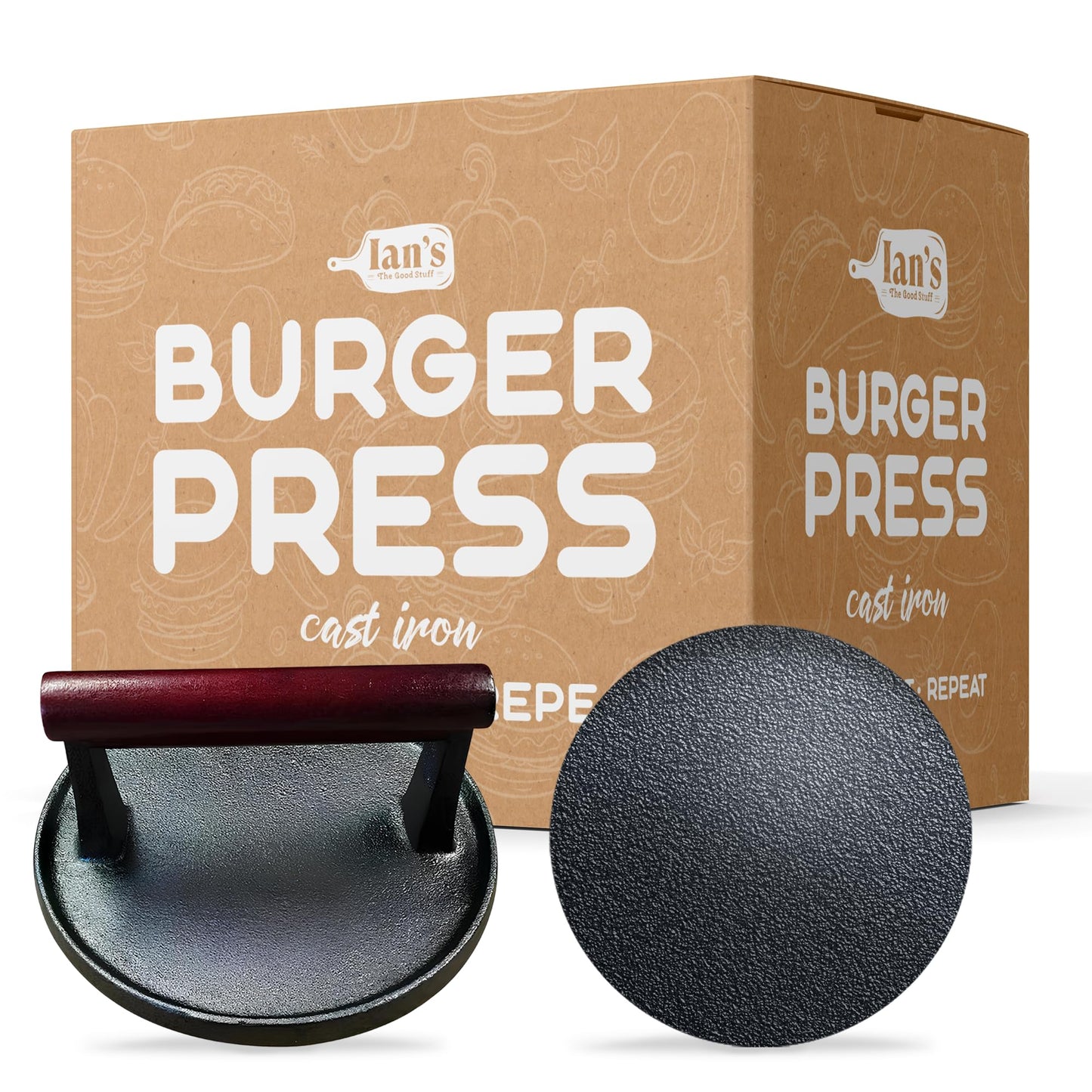 Ians Smash Burger Press 6.5 Cast Iron Hamburger Press Heavy Duty - Burger Smasher Griddle Press, Meat Press, Makes Great Gift f
