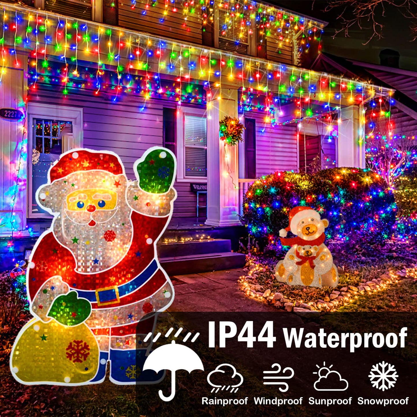 Heceltt Christmas Lights Outdoor 1280 LED 131FT Multicolor Ice String Lights with Timer, Clear Wire, 8 Modes, Model BG-CL3M3-306L01