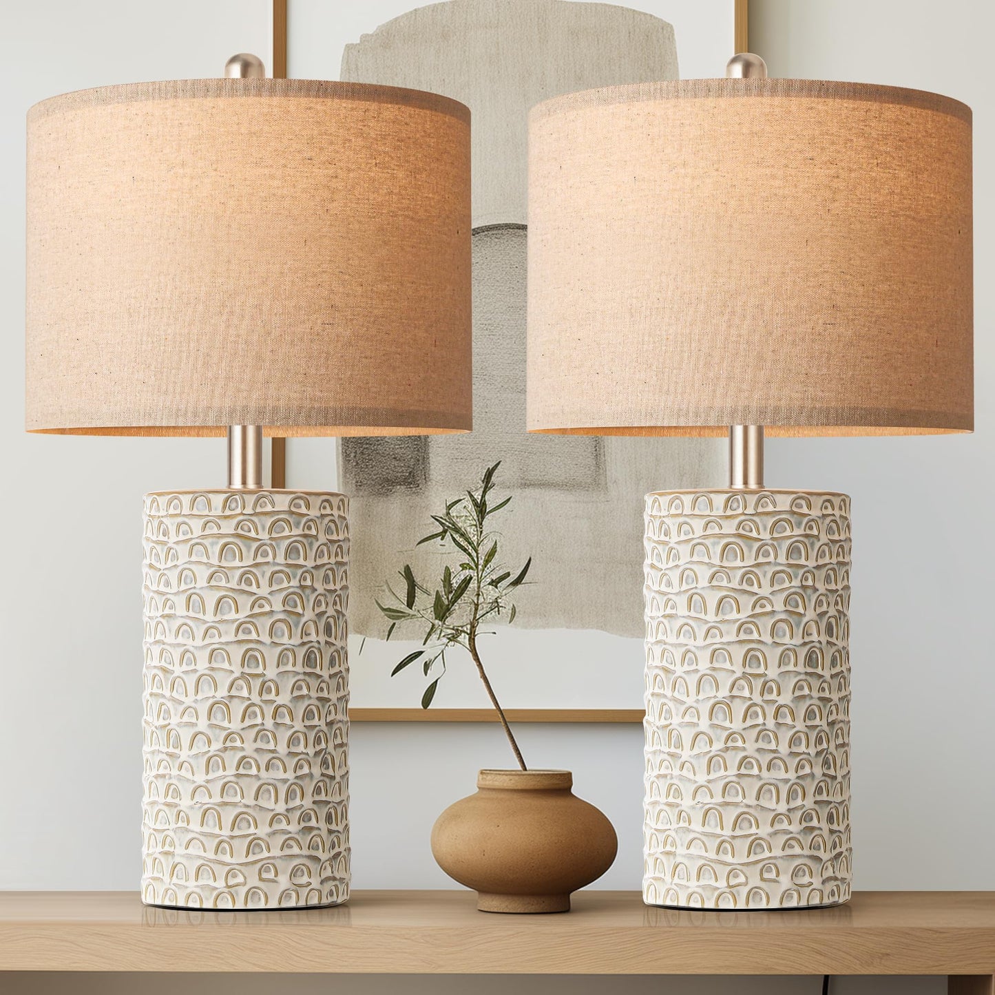 Partphoner Ceramic Table Lamp Set Of 2, 23 Grey & White Rustic Farmhouse Nightstand Lamps, Model Str-Dl-0005