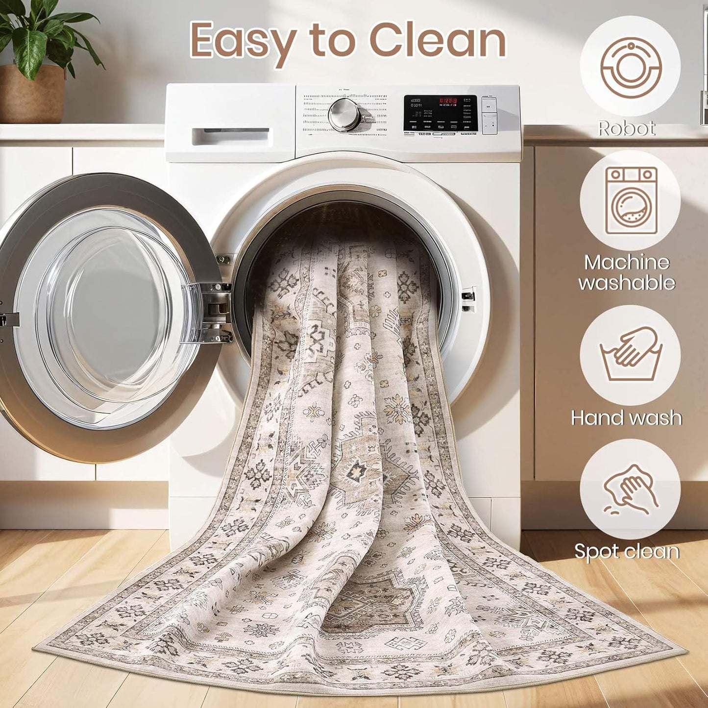 Washable Area Rugs for Living Room -9x12 Neutral Vintage Distressed Floral Farmhouse Boho Large Soft Floor Rug Indoor Non Slip Carpet for Living Room Bedroom Dining Room Office -Beige Brown