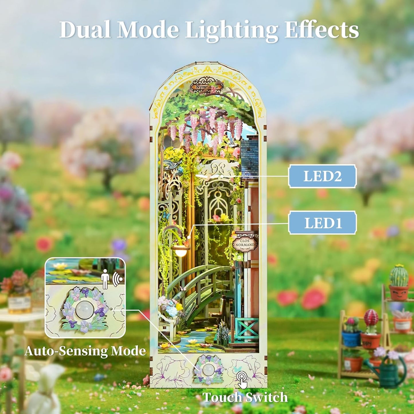 Tonecheer DIY Book Nook Kit for Adults, 3D Puzzle Wooden Miniature House Kit, Booknook Dollhouse Bookshelf Insert Decor Bookend with Dust Cover and LED Lights Gifts (Giverny Garden)