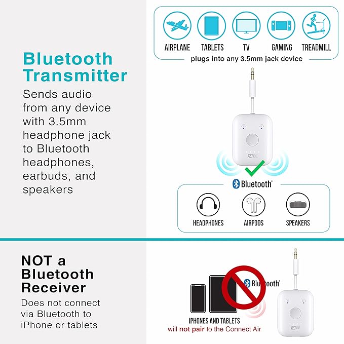 MEE audio Connect Air in-Flight Bluetooth Wireless Audio Transmitter Adapter for up to 2 AirPods / Other Headphones; Works with All 3.5mm Aux Jacks on Airplanes, Gym Equipment, TVs, & Gaming Consoles