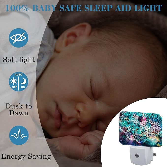 Abstract Mandala Flowers Plug in Night Lights, Colorful Galaxy Mandala Nightlight Plug Into Wall Dusk to Dawn Sensor for Kid Girls Boys Women Men Room, Hallway, Kitchen, Bathroom, Stairs Decor
